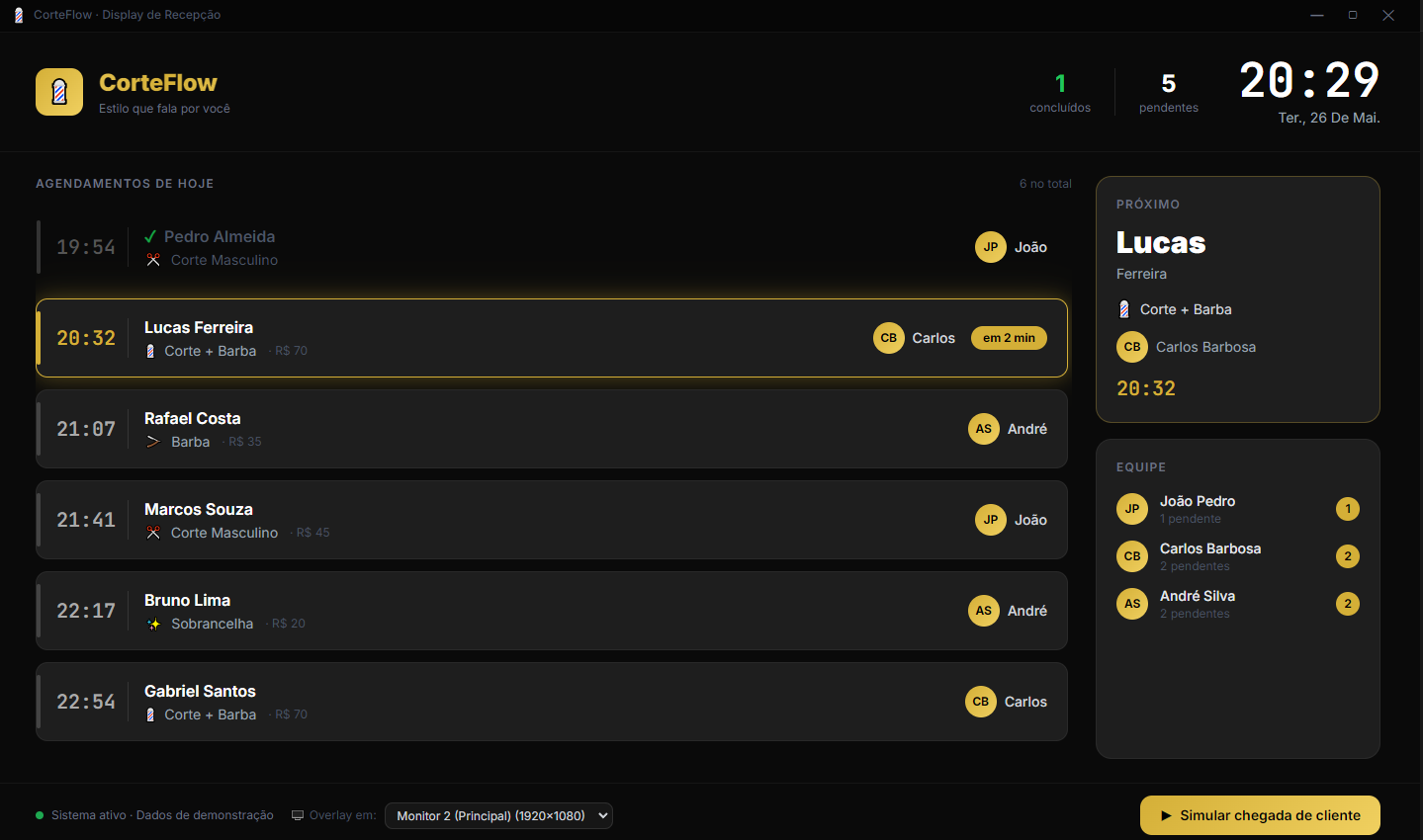 CorteFlow — display recepção